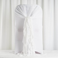 White Premium CHAIR COVER with Curly Chiffon Ruffled SASHES Decorations