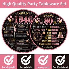 96Pcs 80th Birthday Decorations Women Tableware Set Rose Gold Back in 1946 Pa…