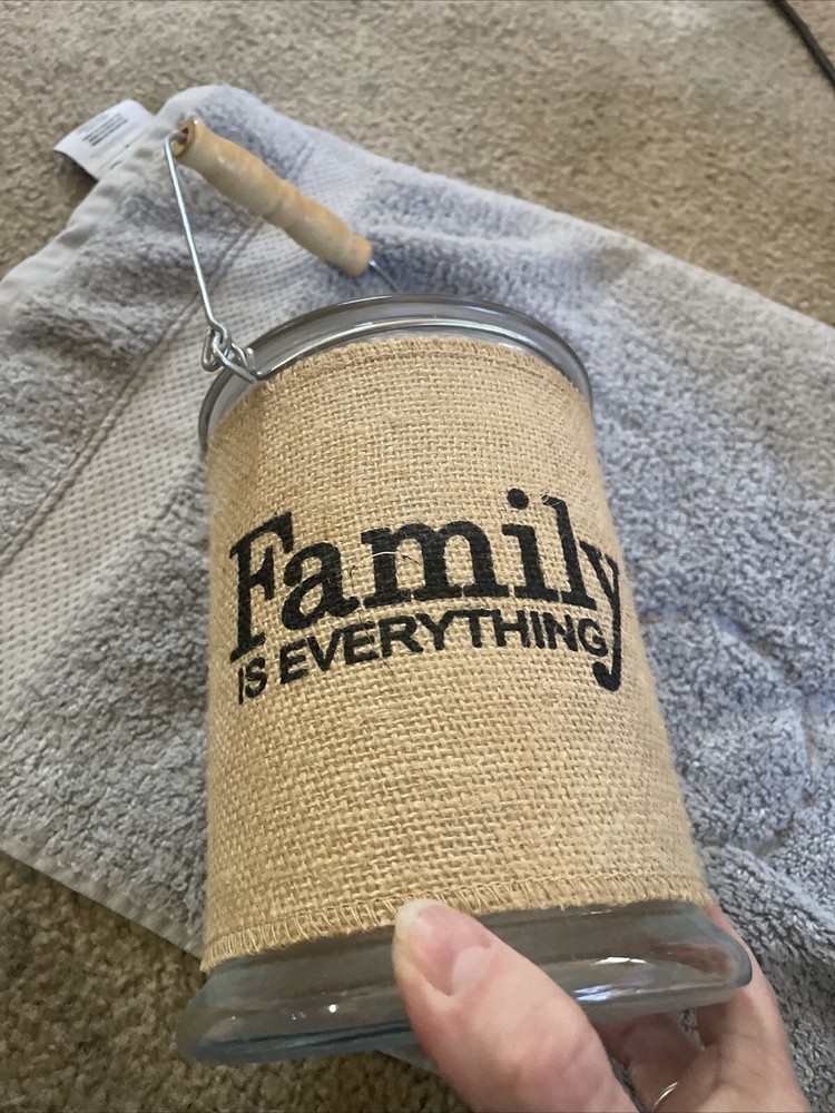 Glass Lantern with Wrapped Burlap Wood Handle Family Is Everything.