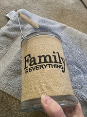 Glass Lantern with Wrapped Burlap Wood Handle Family Is Everything.