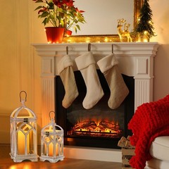 Farmhouse Lanterns Decorative Indoor: 11″ & 15″ Set of 2 White Wooden Candle …