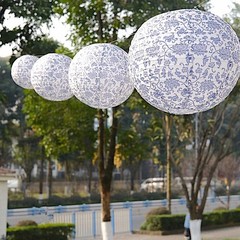 8 White Blue Chinoiserie Floral Print Hanging Paper Lanterns Party Decorations
