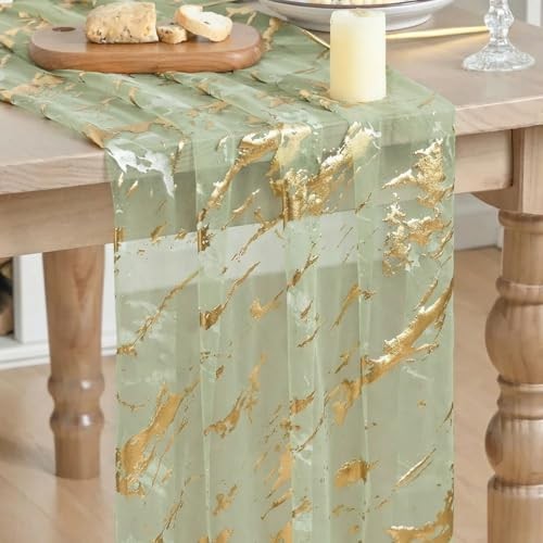 Marble Pattern Gauze Table Runner 10FT, Glitter Metallic 28″ x 120″ Sage Green
