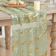 Marble Pattern Gauze Table Runner 10FT, Glitter Metallic 28″ x 120″ Sage Green
