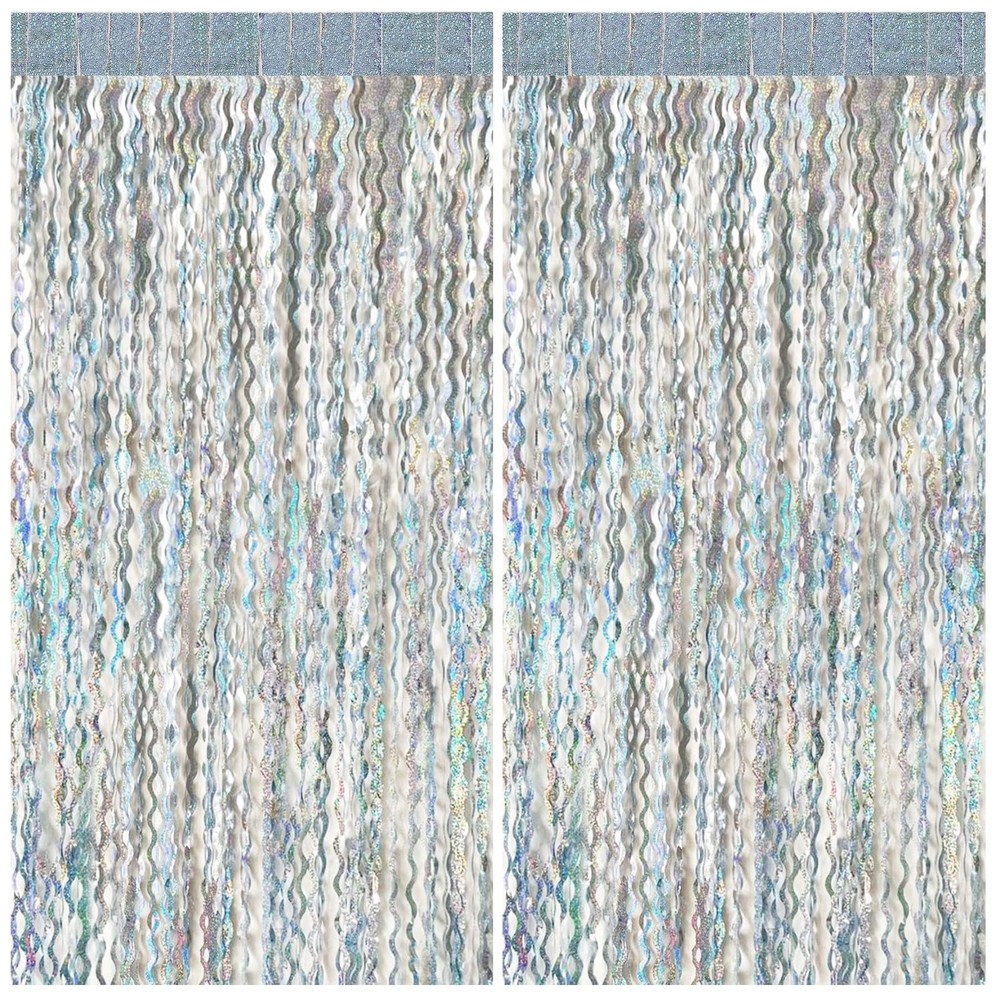 2 Pack Silver Backdrop Curtain Tinsel Streamers Sparkle Metallic Wavy Foil Fr…