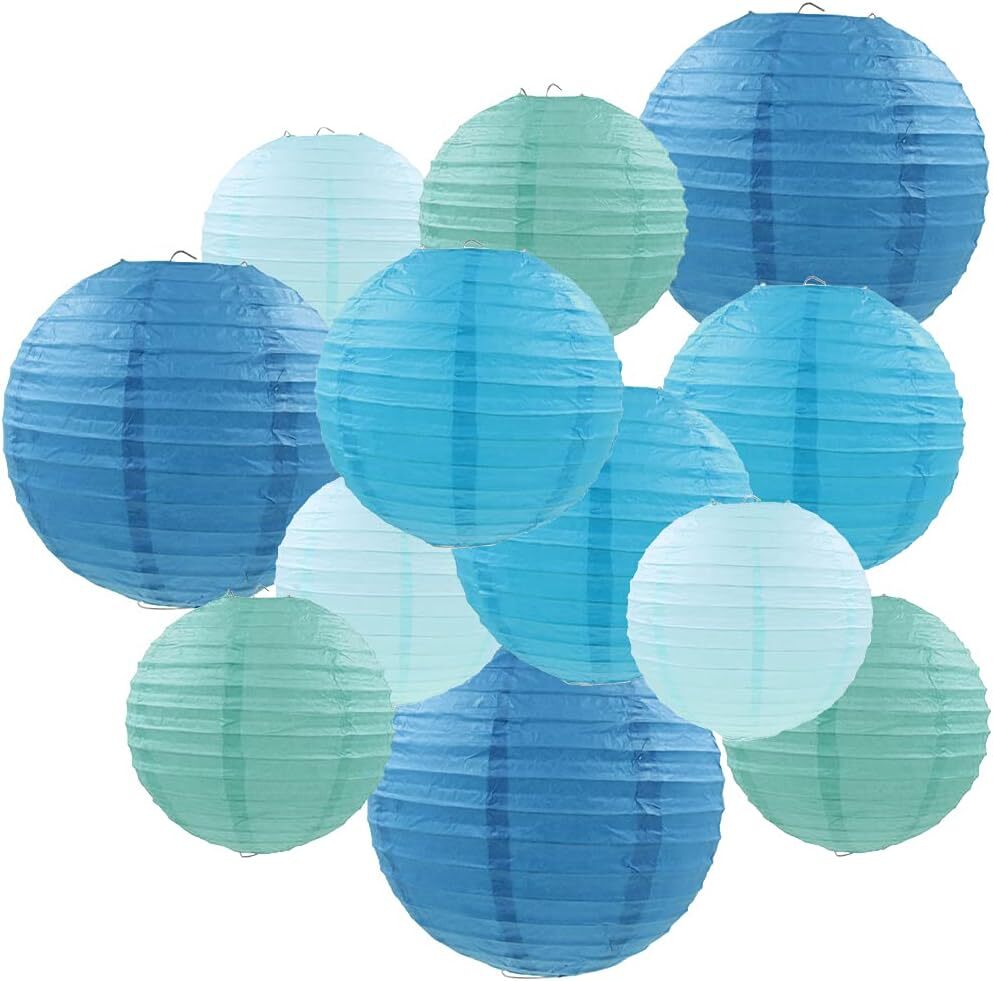 Blue Paper Lanterns 12 Pcs Assorted size of 6″ 8″ 10″ 12″ Chinese Round