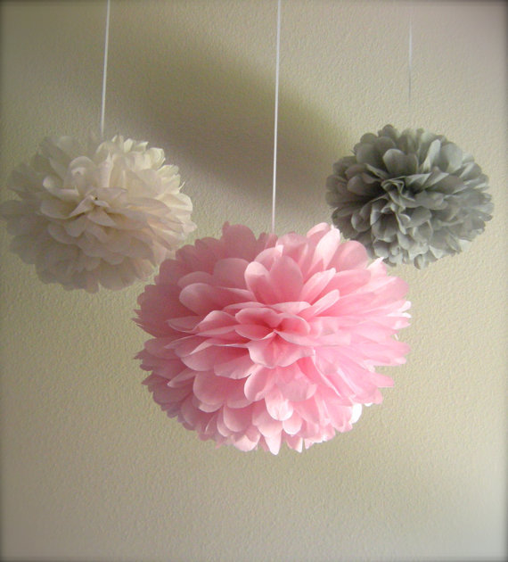12x 25cm pink grey white paper pom poms wedding anniversary baby shower party