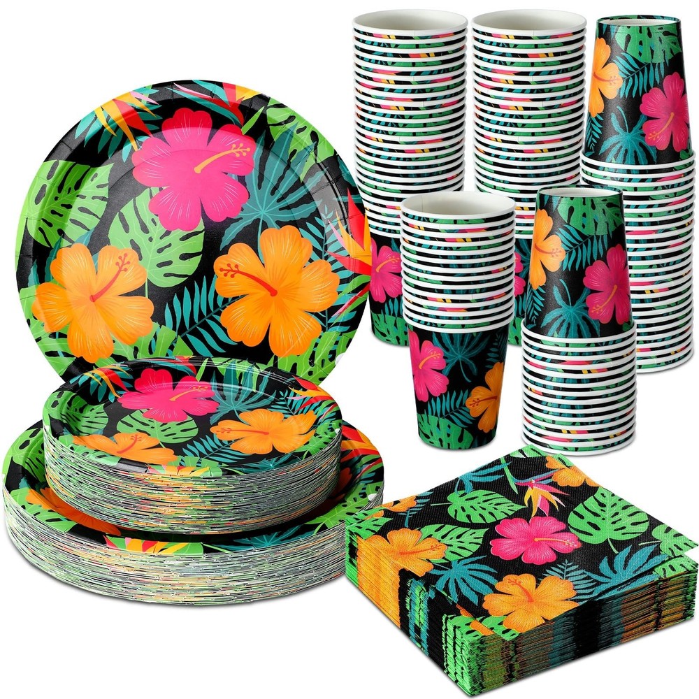 200 Pcs Tropical Nights Hawaiian Aloha Party Supplies Serve 50 Guests Luau Pa…