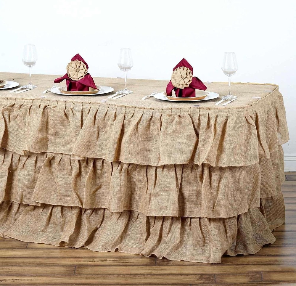 Efavormart 3 Tier Rustic Elegant Ruffled Burlap Table Skirt for Kitchen Dining