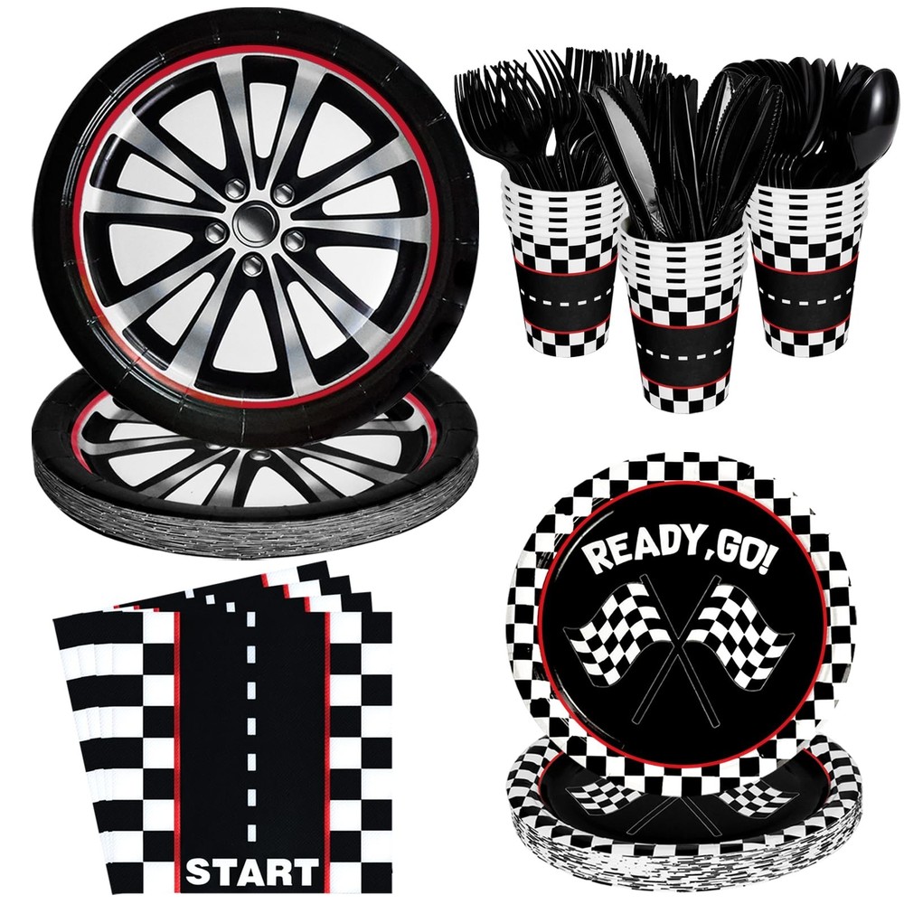 175 Pcs Race Car Birthday Party Decorations Racing Checkered Set Includes Pla…