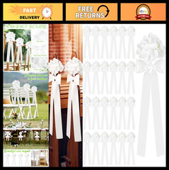 24 Set Wedding Aisle Decorations – Ribbon Bows & White Hydrangea Chair Decor for