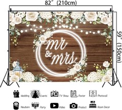 Mr & Mrs Wedding Backdrop Banner White Rose Floral Wooden Wall Glitter Lights