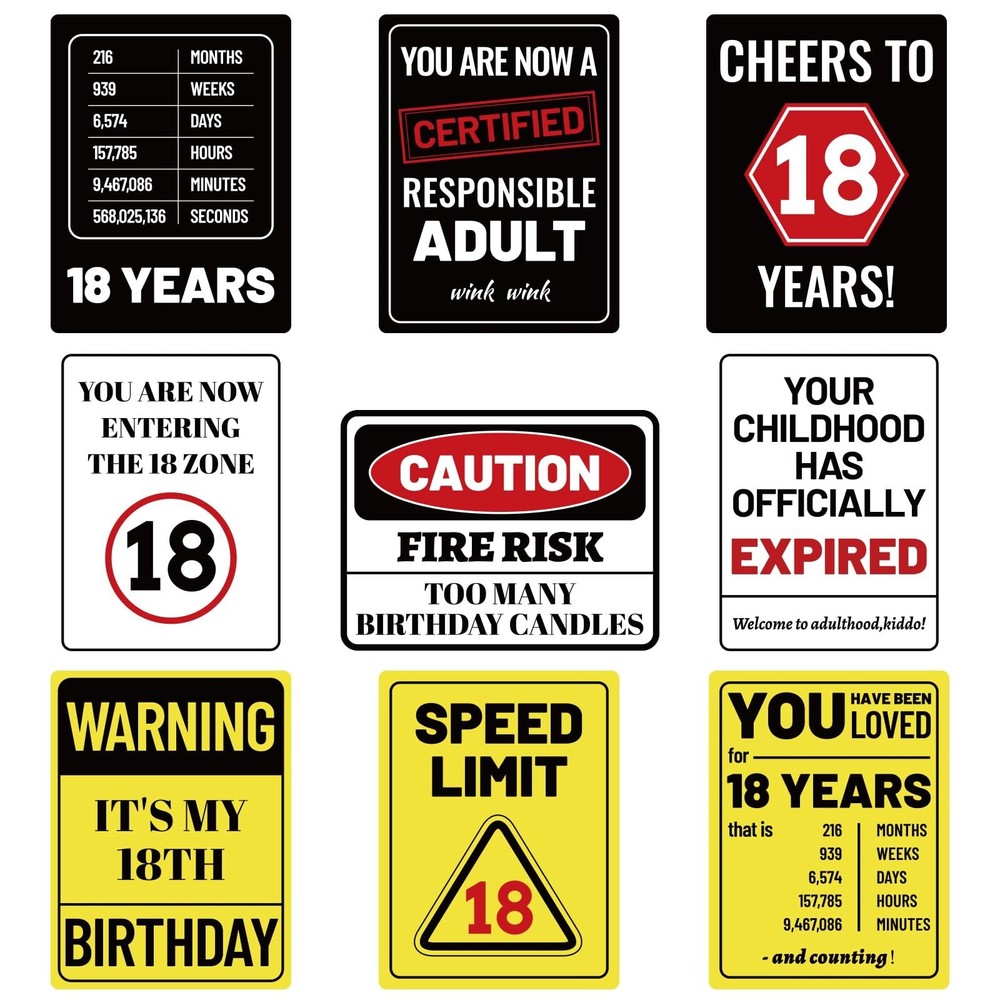 9pcs 18th Birthday Party Decorations, 9 Styles Funny Wall Signs Thick Paper F…