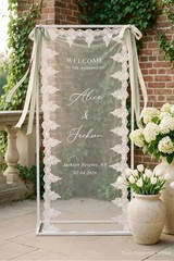 Custom Sheer Lace Wedding Welcome Sign, Modern Ceremony Banner