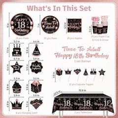 Yingoto 181PCS 18th Birthday Decorations for Girls Tableware Set, Rose Gold 1…