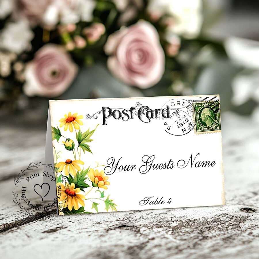 YELLOW DAISY POSTCARD TENT STYLE WEDDING PLACE CARDS or TABLE CARDS #141