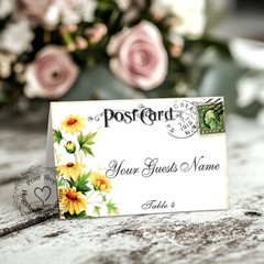 YELLOW DAISY POSTCARD TENT STYLE WEDDING PLACE CARDS or TABLE CARDS #141