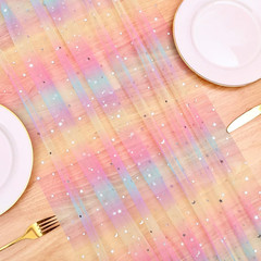 Rainbow Glitter Moon and Stars Tulle Table Runner 10FT Silver Sequin Metallic Fo
