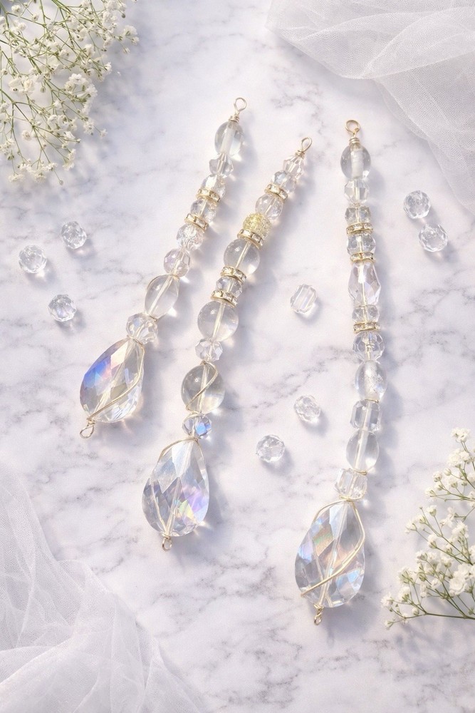 Clear Crystal Teardrop Beaded Hanging Christmas Decoration Strands Set of 3