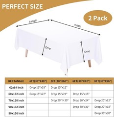 White Tablecloth Rectangle 60 x 102 Inch 2 Pack 6ft Polyester Fabric for Table