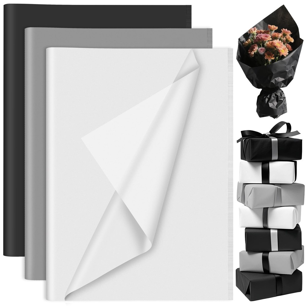 PLULON 60 Sheets Black White Grey Tissue Paper Inches, Black, White,