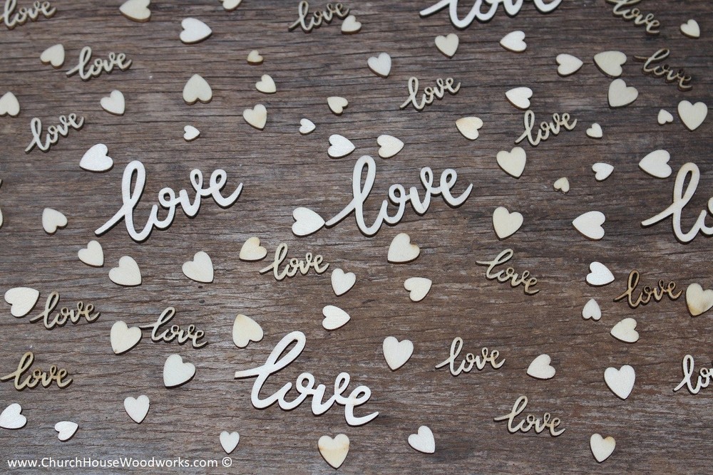 100 piece mix Cursive love words and tiny wood hearts Wedding Decor wooden