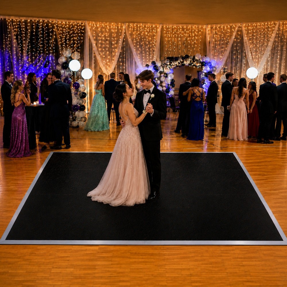 Portable Commercial Dance Floor 12×12 Black Waterproof Tiles Wedding Event Party