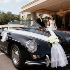 Elegant Wedding Car Decoration with Satin Ribbons & Floral Accents