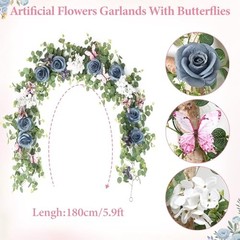 2Pcs 5.9 Ft Artificial Rose Vine Fake Flower Garland Rose Hydrangea 2PCS Blue