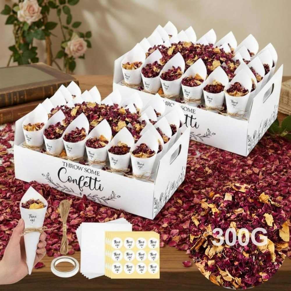 2 Sets Wedding Petal Cones for 60 Guest – Biodegradable Real Petals 300