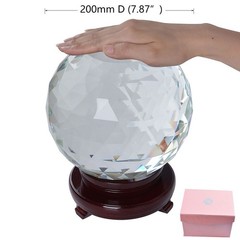 200mm D Cut Crystal Ball Sphere Clear Prism Wood Rotatable Stand 7.87″