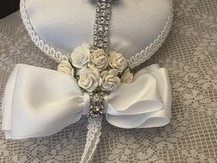 White Satin Wedding Keepsake-White Bows,Rhinestone Trim,Roses,Rhinestone Button