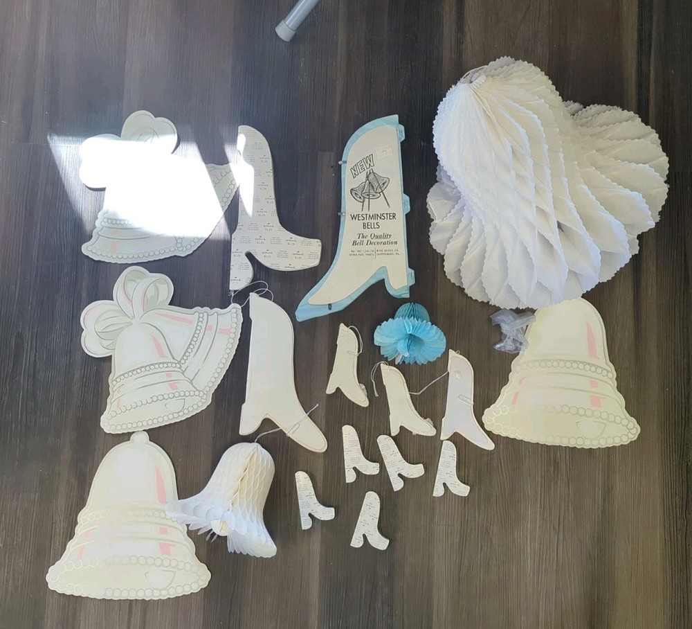 Vintage Lot Of 14 Beistle/Hallmark White/Blue Honeycomb Bells Wedding +4 Diecut