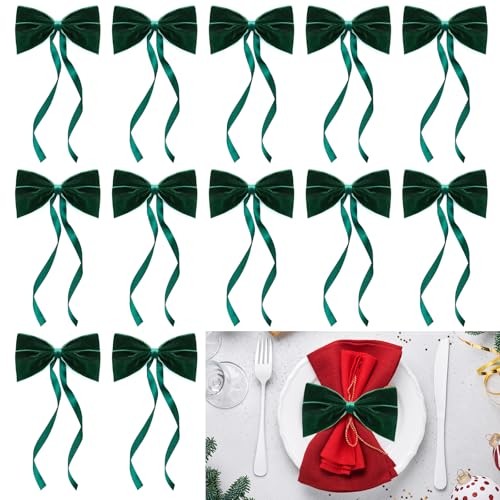 12 Pcs Christmas Napkin Rings Velvet Bow Napkin Rings Chic Velvet Green Bows