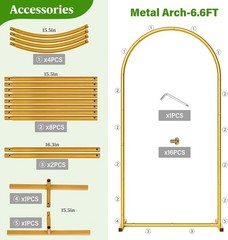 Gold Metal Arch Backdrop Stand for Weddings – Set of 3 Sizes: 7.2FT/6.6FT/6FT