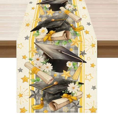 Plaid Grad Cap Stars Flowers Graduation Table Runner Table Runner 13×48 Inch