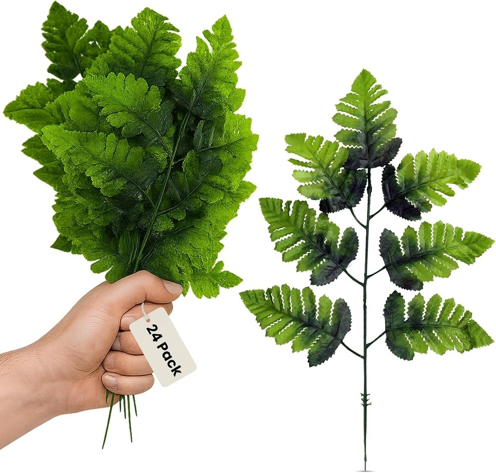 Iconikal 24-Pack Artificial Silk Leather Leaf Fern Fronds, 16-Inch, Wedding