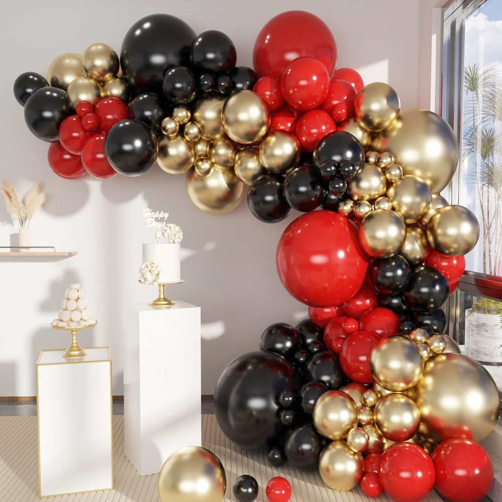 Black Gold Red Balloons Garland Arch Kit, 141Pcs Latex Balloons Different Siz…