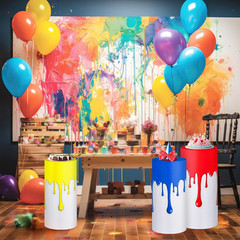 Set of 3 Paint Party Decorations Art Themed Cylinder Stand Covers Paint Splatter