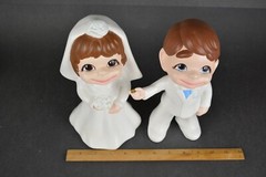 Atlantic Mold Vintage 9” Bride and Groom Blue Eyes/Brown Eyes Ceramic Figures