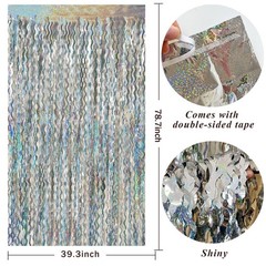 2 Pack Silver Backdrop Curtain Tinsel Streamers Sparkle Metallic Wavy Foil Fr…