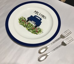 Farmhouse Mr and Mrs Wedding Gift Plate and Silverware (Fork and Spoon).