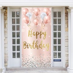 Pink Rose Gold Happy Birthday Door Banner Backdrop Decorations for Women Girl…