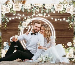 Mr & Mrs Wedding Backdrop Banner White Rose Floral Wooden Wall Glitter Lights