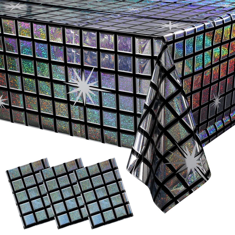 3 Pack Disco Tablecloth Party Decorations, Shiny Iridescent Disposable Laser …
