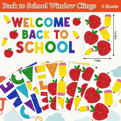 9 Sheet Welcome Back to School Window Clings Sparkly Colorful Pencil Apples Reus