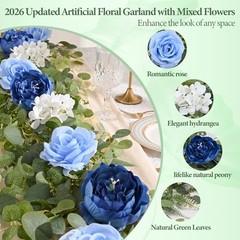 2Pcs 12 Ft Artificial Flower Garland Fake Rose Peony Floral Garland 2 Pcs Blue