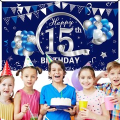 Kauayurk Blue Silver 15th Birthday Banner Decorations for Boys, Happy 15 Birt…