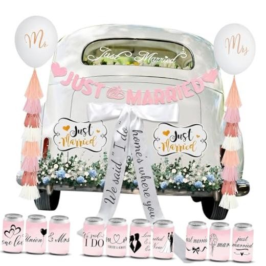 20 Pcs Pink Just Married Car Decorations Include 10 Can Stickers Satin Ribbon