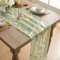 Marble Pattern Gauze Table Runner 10FT, Glitter Metallic 28″ x 120″ Sage Green